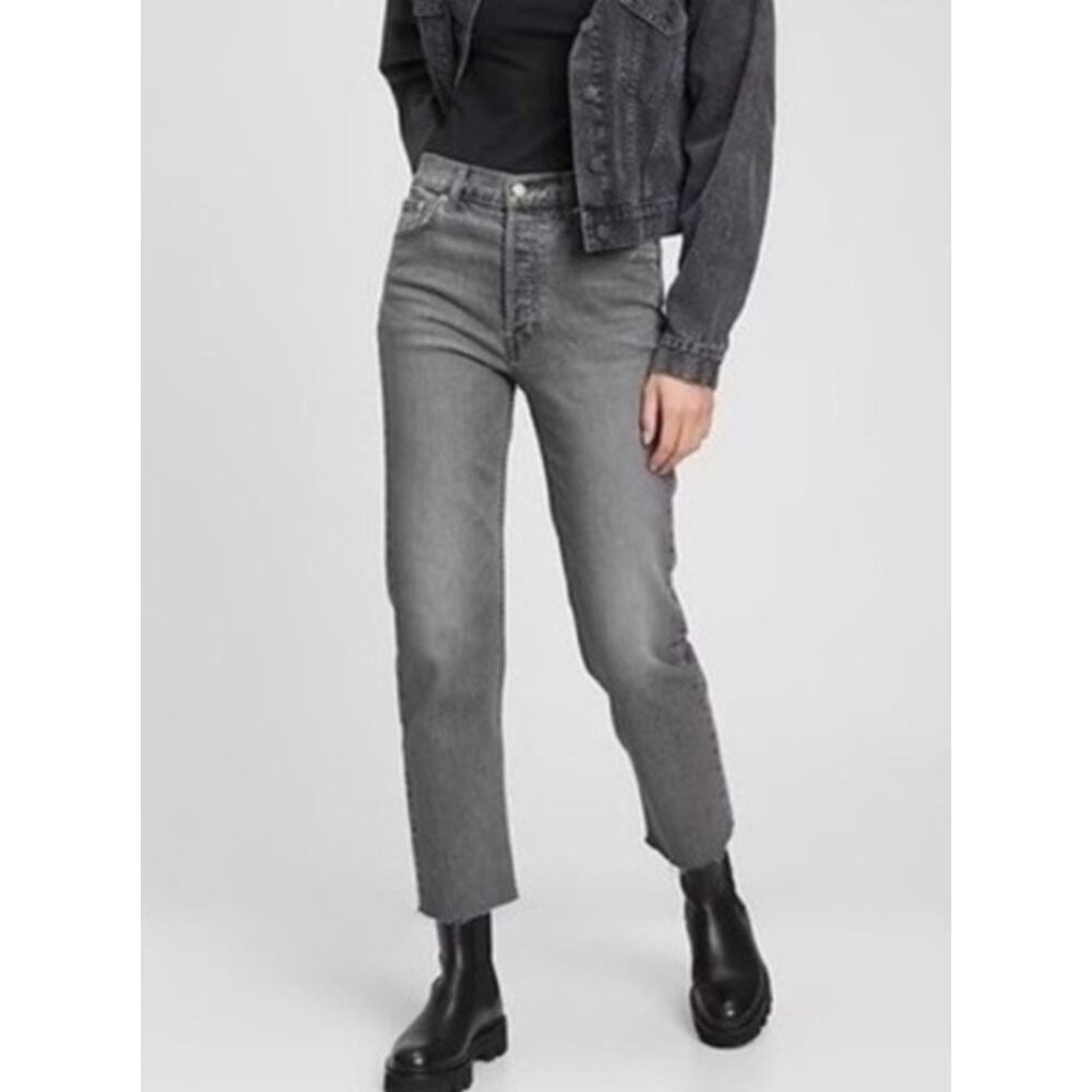 GAP Cheeky Straight High Rise Jeans Women 33/16 TALL Gray Button Fly Raw Cuff